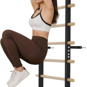 Swedish Ladder Wall Gym, Stall Bar Home Gym with Adjustable Pull-Up Bar, Dip Bar Attachments & 2pcs Resistance Band, 9 Strategic Rods for Core Strengthening and Stretching Balanced for Body Exercise