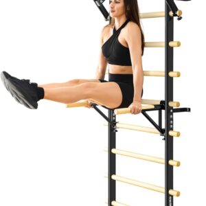 Swedish Ladder, Wood Stall Bar, Swedish ladders Wall Gym Adult, Adjustable Pull Up and Dip Station for Adults and Kids, 9-Anchor Solid Pine, Home Fitness