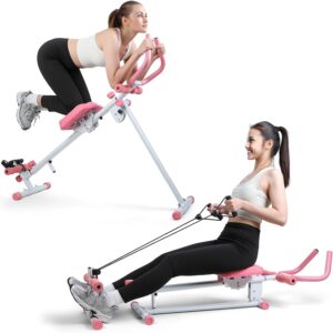 Ab Machine for Stomach Workout, Ab Workout Equipment for Home Gym, 4-in-1 Foldable Ab Trainer, Full Body Fitness Rowing Machine, Leg Press Machine, Ab Glider Machine, Roman Chair