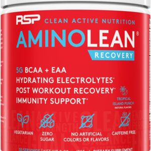 AminoLean Hydrating Electrolyte Powder and Recovery Drink with Sea Minerals, Nootropic Mushrooms, and Vegan Amino Acids, BCAAs + EAAs for Post Workout Muscle Building, Tropical Punch