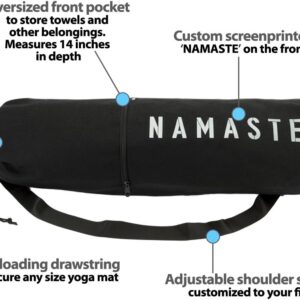 Masaya Namaste Large Yoga Mat Bag – Fits Exercise Mats, Drawstring Carrier for Men Women, Long Breathable Canvas Sling, Deep Front Pocket Zipper, Secret Storage, Adjustable Shoulder Strap