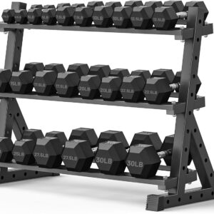 PAPABABE Hex Dumbbell Set with Rack, Rubber Encased Free Weight with Weight Storage Racks, Multiple Weight Options for Home Gym and Fitness