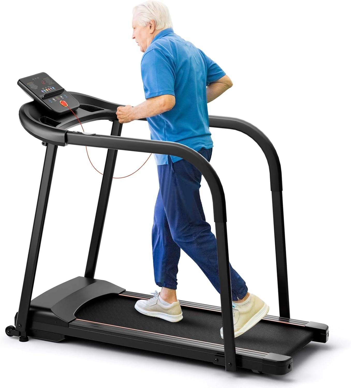 GYMAX Walking Treadmill for Seniors, 2.5HP LED Recovery Fitness Exercise Machine w/Preset Programs, Heart Rate Sensor, Device & Cup Holder, Wheeled Treadmill w/Long Handrail for Home