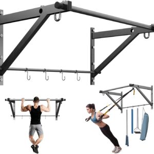Wall Mounted Pull Up Bar, Strength Training Chin Up Bar with Hooks, Adjustable Depth Pull-up Bar with 500LBS Weight Capacity, Heavy Duty Gym Home Training