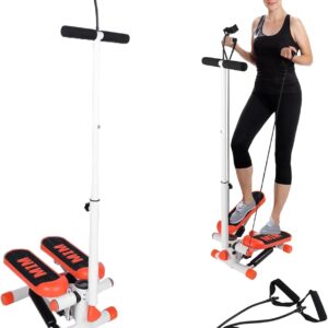 Adjustable Height Stair Stepper with Resistance Bands and LCD Monitor – 330 lb Capacity, Handlebar and Phone Stand for Home Workouts