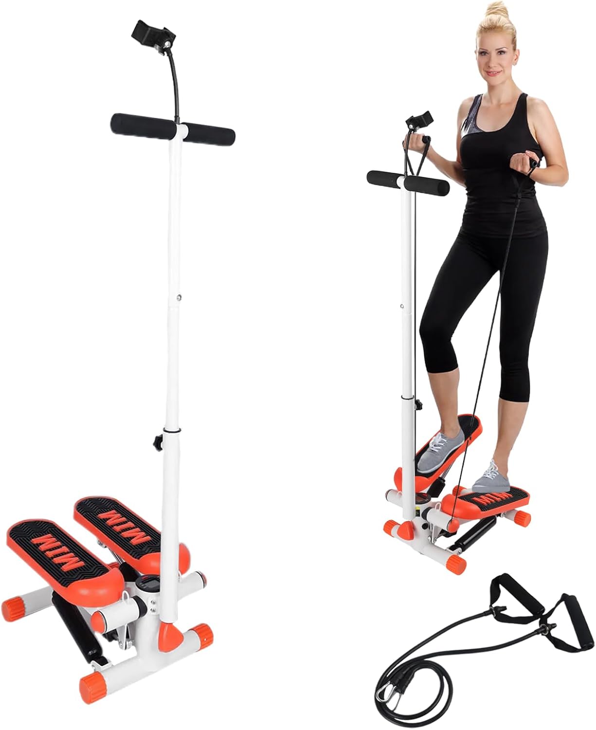 Adjustable Height Stair Stepper with Resistance Bands and LCD Monitor - 330 lb Capacity, Handlebar and Phone Stand for Home Workouts