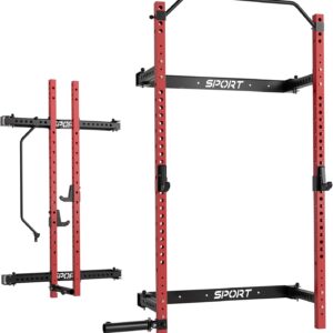 GarveeLife Folding Squat Rack for Home Gym, 2.36 in x 2.36 in Folding Power Rack with Pull Up Bar, J Hooks and Landmine Attachments, 1000 LBS Capacity Wall Mounted Squat Rack, Space Saving Weight Cage