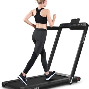 GYMAX Walking Pad, 2.25HP Dual Display Foldable Treadmill for Home with Remote/Smart App Control, Portable Compact Treadmill for Office Under Desk, Folding Running Machine for Small Spaces