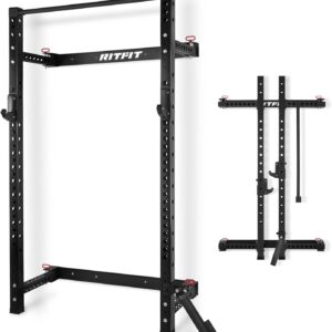 RitFit Multi-Functional Folding Squat Rack for Home Gym, 2.36” x 2.36” Wall Mounted Squat Rack with Attachments – Space Saving Squat Power Rack