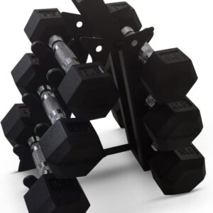 HolaHatha Hexagonal Non Slip Free Hand Dumbbell Weight Training Exercise Set w/ Textured Grips & Folding Storage Rack, 5, 8, & 10 Pound Pairs, Black