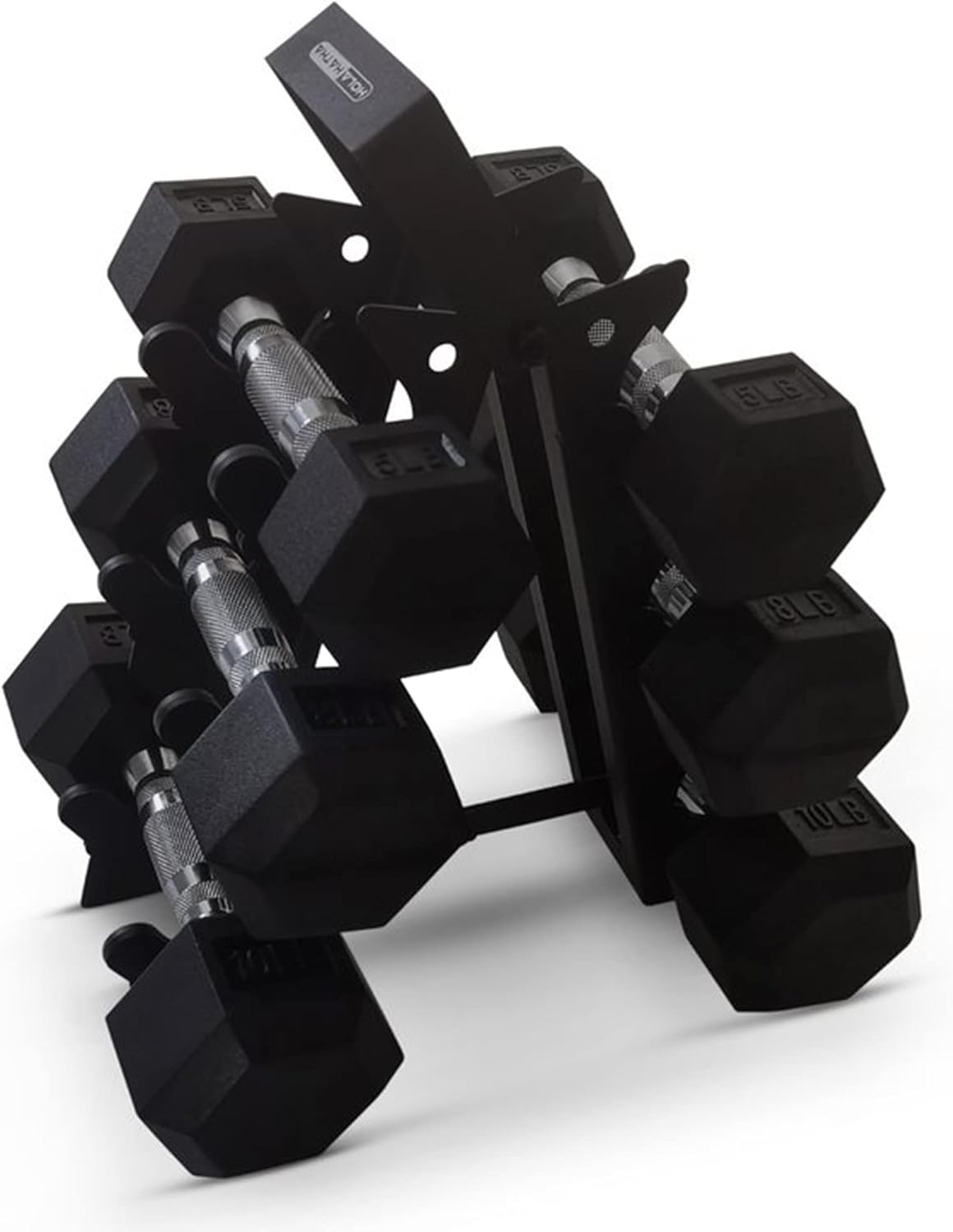 HolaHatha Hexagonal Non Slip Free Hand Dumbbell Weight Training Exercise Set w/ Textured Grips & Folding Storage Rack, 5, 8, & 10 Pound Pairs, Black