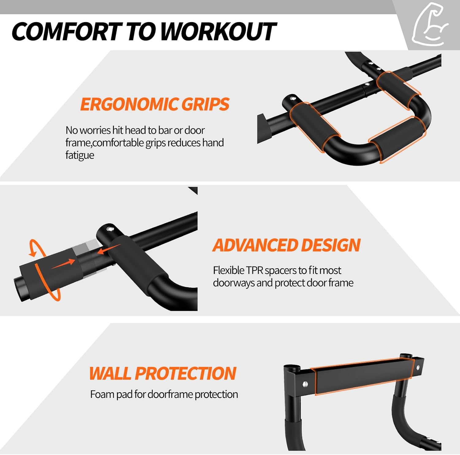 NOWAKE Pull up bar For Doorway,300lbs Heavy Duty Adjustable Width Portable Functional Ergonomic Design Door Frame Chin Up Bar With USA Patent For Home Fitness Workouts - Image 7
