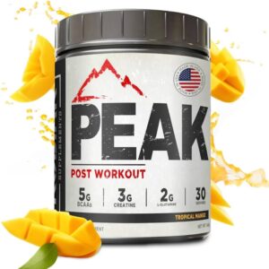 Peak Post Workout – BCAA 2:1:1 Creatine – Glutamine – Muscle Recovery and Strength Building Supplement – 30 Servings – Tropical Mango
