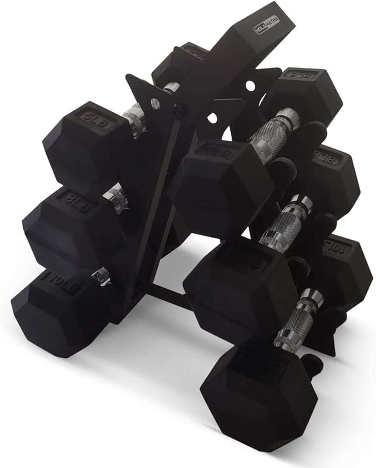 HolaHatha Hexagonal Non Slip Free Hand Dumbbell Weight Training Exercise Set w/ Textured Grips & Folding Storage Rack, 5, 8, & 10 Pound Pairs, Black - Image 8