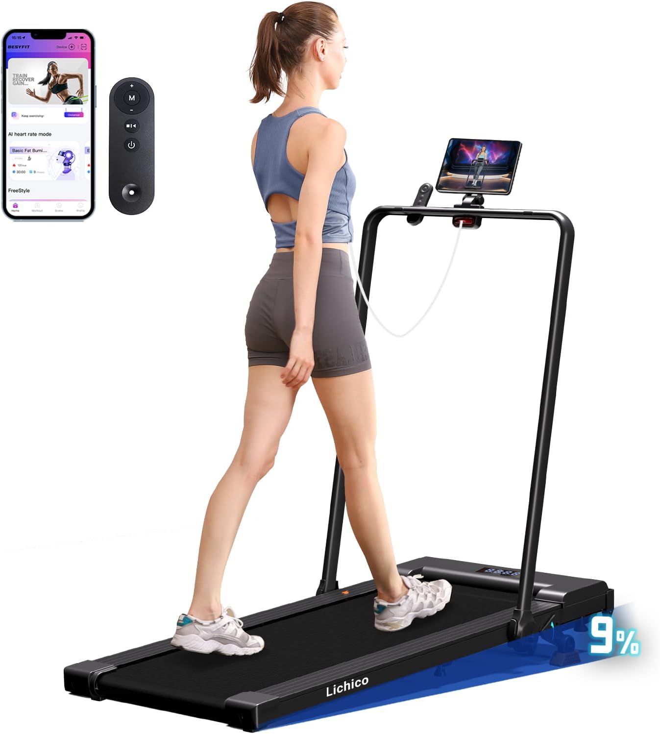Lichico Walking Pad Under Desk Treadmill,Portable Small Treadmills for Home and Office,Super Quiet Brushless Motorized Walking Jogging Running Machine with Remote Control