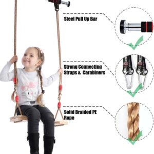 Doorway Swing Set Includes WoodenSwing for Kids & Indoor Pull Up Bar, Colored Drawing Wood Rope Swing for Children Toy Gift, Fit for 32.3″- 41.3″ Door Width