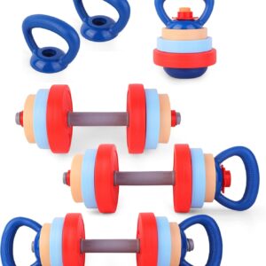 Kids Exercise Equipment With 2 Dumbbells and Kettlebell – Adjustable Workout Toy Equipment for Children Pretend Play Exercise – Toddler Beginner Gym & Fitness Family Games for Birthday Gifts
