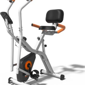 pooboo Foldable Exercise Bike, Stationary Bike with Elliptical Mode, 8-Level Magnetic Resistance, Silent Indoor Bike for Home Fitness and Rehab Training, Adjustable Seat&Handrail, LCD monitor, 300LBS