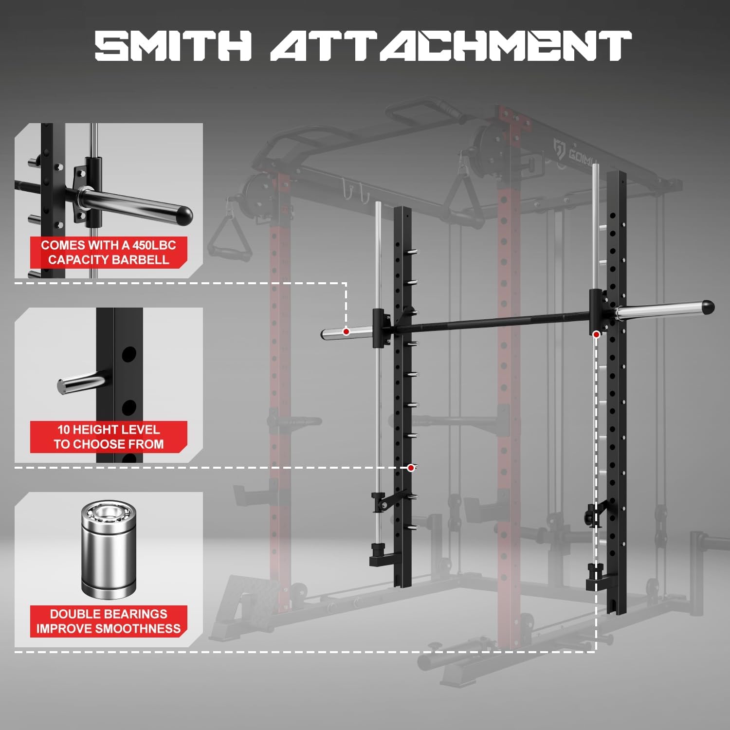 S1-V4 Smith Machine, 2000LBS Power Cage with Cable Crossover System, All-in-One Squat Rack with Smith Bar, Workout Cage Strength Training Equipment with Attachments - Image 2