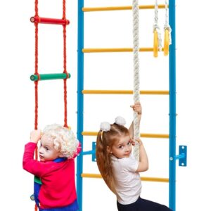 Costzon 5 in 1 Climbing Toys for Toddlers, Indoor Kids Gym for Exercise, Steel Ladder Wall Set with Wall Ladder, Pull-up Bar, Rope, Gymnastic Rings, Solid Wall Set up, Climber Ladder Boys Girls Gift