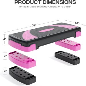 31″ Aerobic Exercise Step Platform, Step Up Exercise Platform with 4″ 6″ 8″ Adjustable Risers, Stair Stepper Workout Stepper for Home Gym Strength Training Fitness Equipment