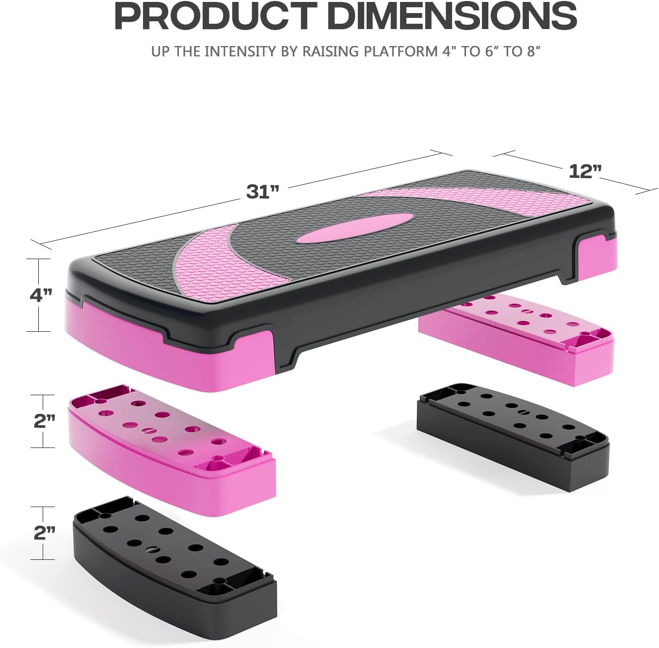 31" Aerobic Exercise Step Platform, Step Up Exercise Platform with 4" 6" 8" Adjustable Risers, Stair Stepper Workout Stepper for Home Gym Strength Training Fitness Equipment - Image 2