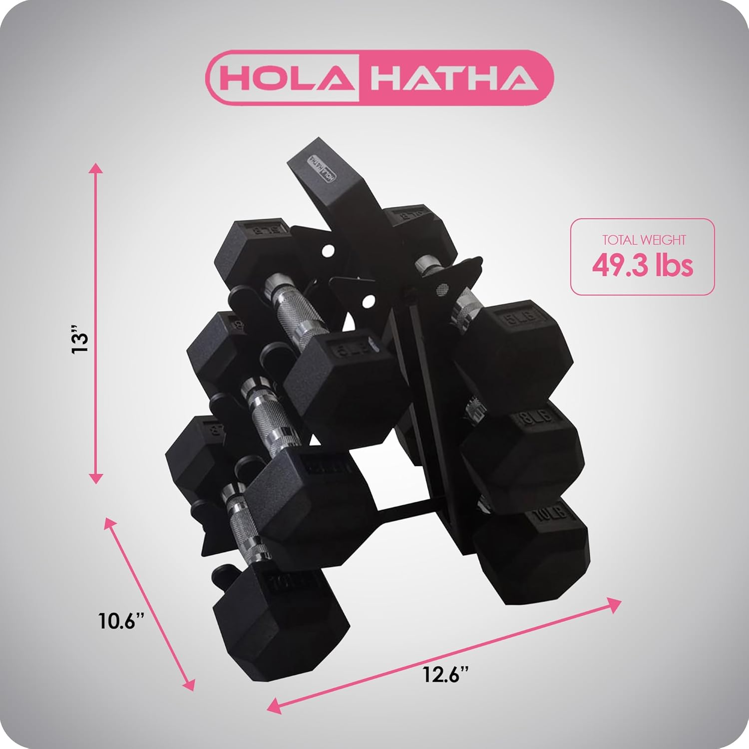 HolaHatha Hexagonal Non Slip Free Hand Dumbbell Weight Training Exercise Set w/ Textured Grips & Folding Storage Rack, 5, 8, & 10 Pound Pairs, Black - Image 4