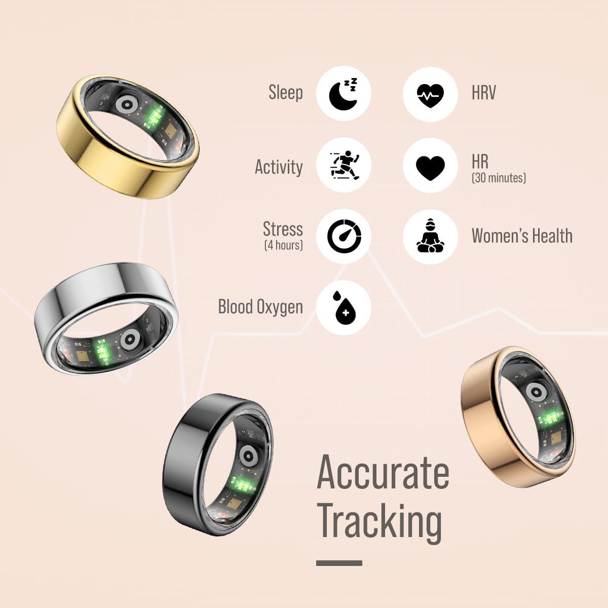 Herz P1 Smart Ring for Women & Men - 24/7 Health Metrics Fitness Ring, Tracks 20+ Biometrics, 6 Day Battery, Waterproof, iOS Android Compatible, Free APP, No Subscription (Gold, 10, Gold) - Image 5