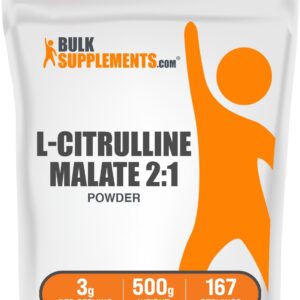 BulkSupplements.com L-Citrulline Malate 2:1 Powder – Nitric Oxide Boost, Citrulline Malate Supplement – Unflavored & Gluten Free – 3g per Servings, 500g (1.1 lbs) (Pack of 1)