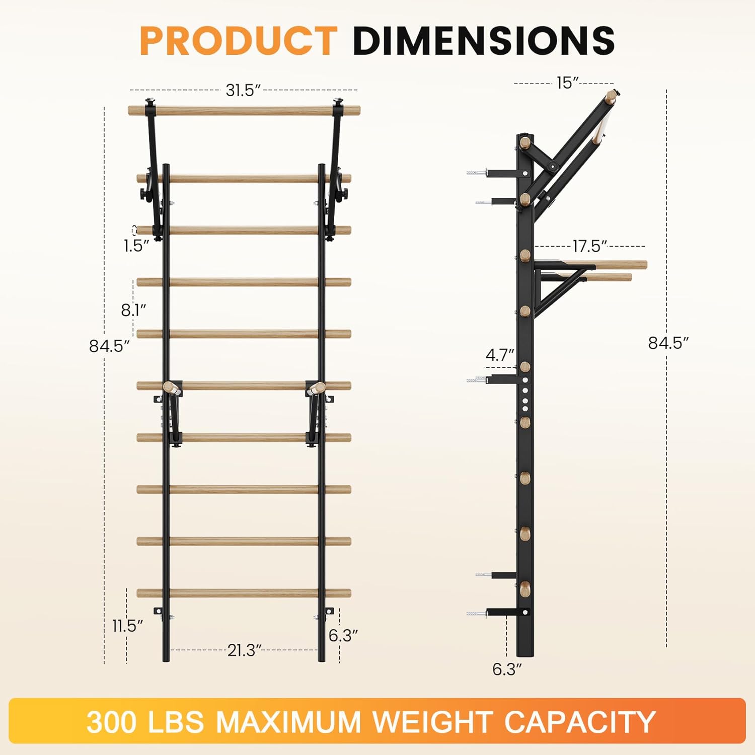 Swedish Ladder Wall Gym, Stall Bar Home Gym with Adjustable Pull-Up Bar, Dip Bar Attachments & 2pcs Resistance Band, 9 Strategic Rods for for Home, School, Hysical Therapy and Gymnastics - Image 7