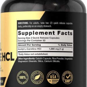 Carlyle Acetyl L-Carnitine HCL | 1000mg | 100 Capsules | Advanced Athlete Formula | Pre-Workout Supplement | Non-GMO & Gluten Free