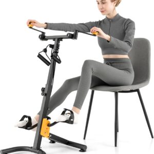 Goplus Foldable Pedal Exerciser for Seniors, Hand Arm Leg Knee Physical Therapy Exercise Bike w/Adjustable Height, Handgrip, Resistance Band, Recovery Home Workout Equipment for Elderly