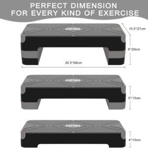 EVERYMILE Aerobic Exercise Step, Adjustable Aerobic Stepper for Exercise, Workout Step Platform, Step Up Box, 26.5″ Step Deck with 4” 6” 8” Adjustable Height Risers, Women Home Gym Fitness