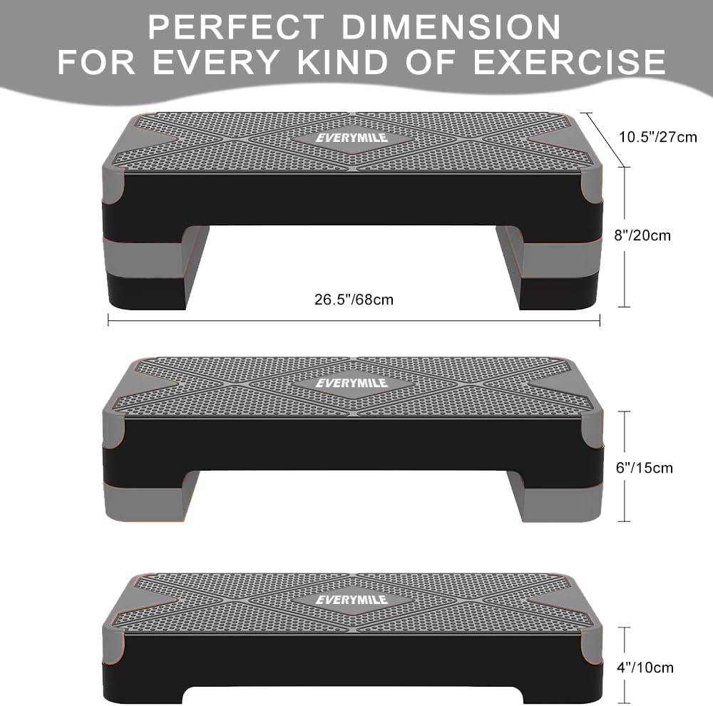 EVERYMILE Aerobic Exercise Step, Adjustable Aerobic Stepper for Exercise, Workout Step Platform, Step Up Box, 26.5" Step Deck with 4” 6” 8” Adjustable Height Risers, Women Home Gym Fitness - Image 2