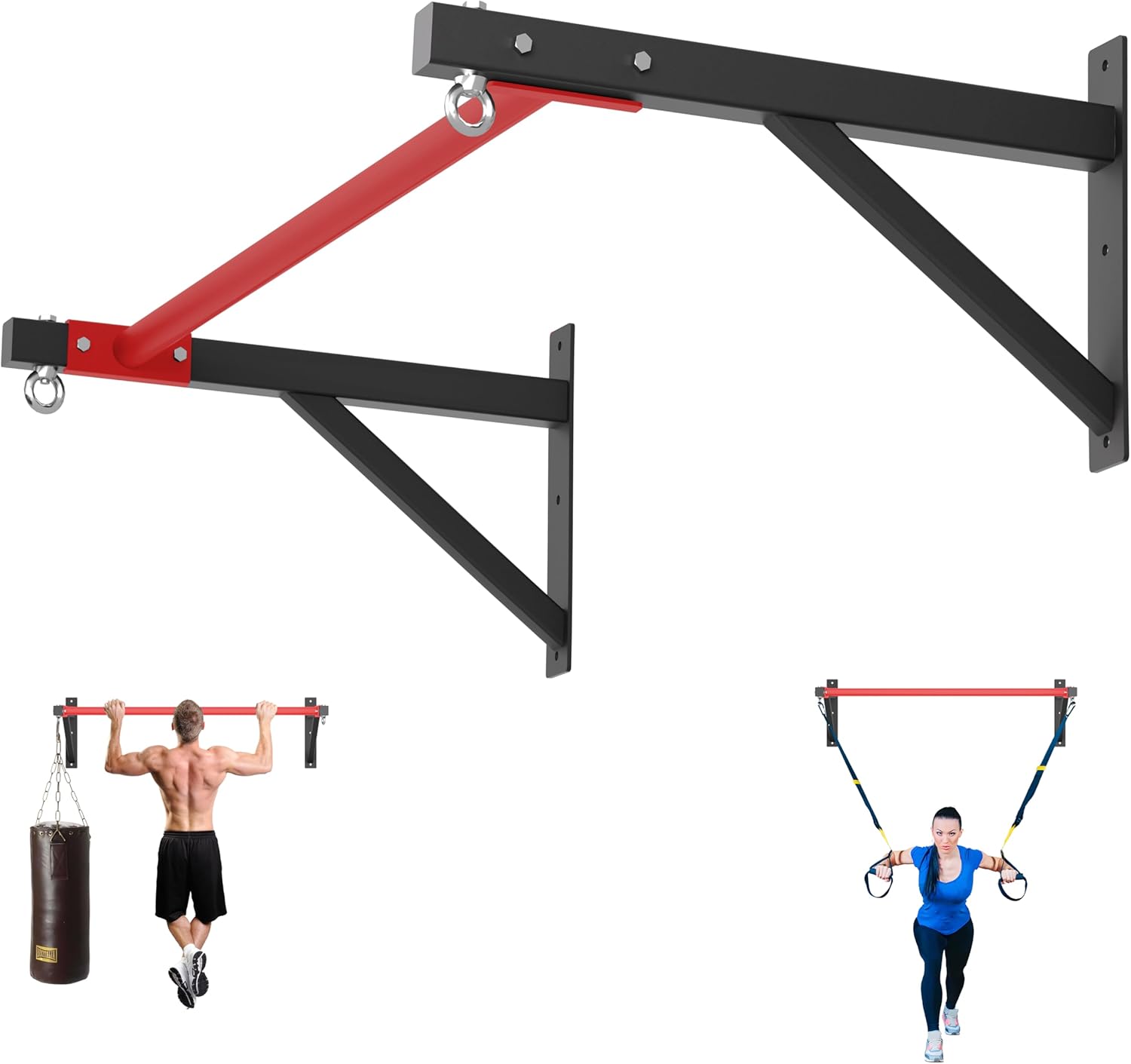 Pull Up Bar Wall Mounted, Heavy Duty 650 lbs Capacity Chin Up Bar, 48" Multi-Grip Strength Training Pull-up Bars, for Home Gym Garage/Backyard Total Body Workout, Ease Of Use Mounting (Red)
