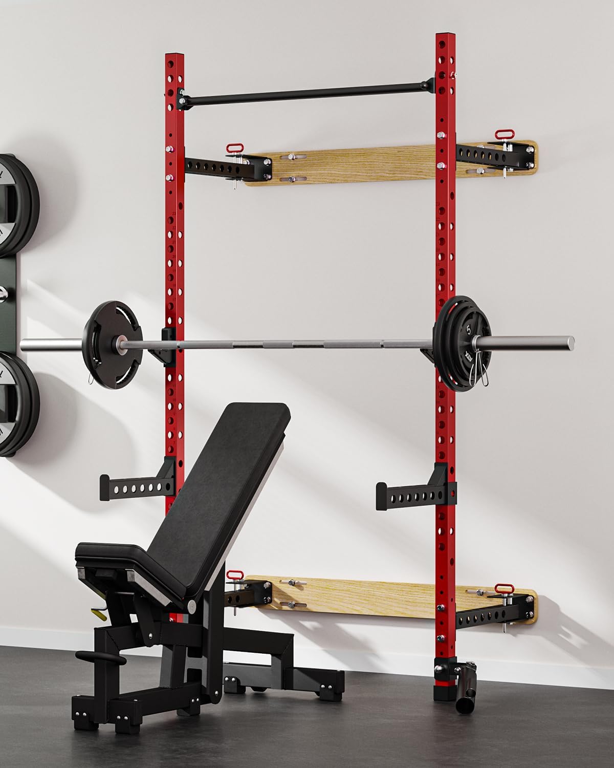 2" x 2" Folding Wall Mounted Squat Rack, 1100 Pounds Capacity Power Rack with Pull Up Bar, J Hooks and Other Attachments, Space-Saving Home Gym Package - Image 7