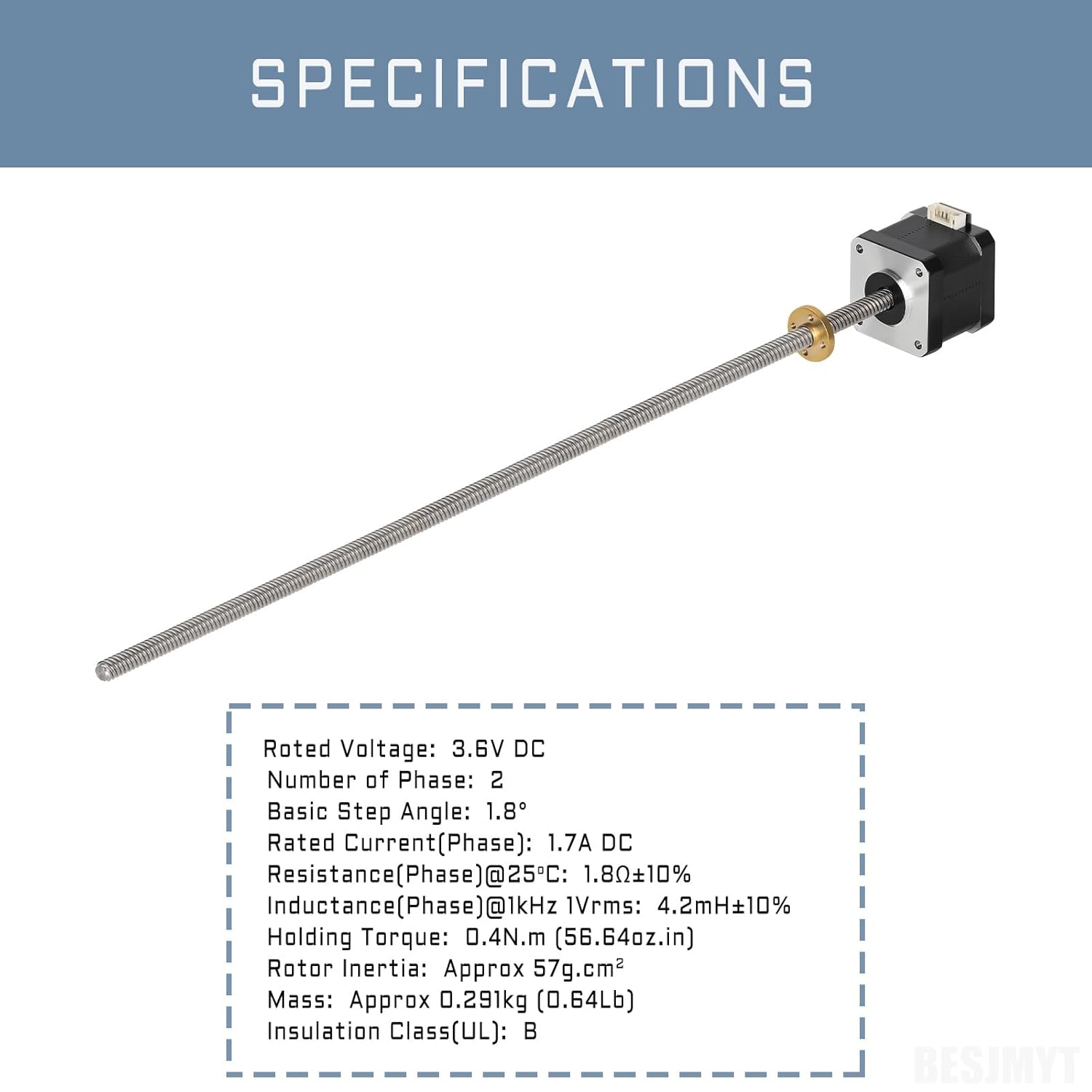 Nema 17 Stepper Motor Integrated 15.75in(400mm) T8 Lead Screw 1.7A Brass Nut 1m Cable 2 Phase 4 Lead 0.4Nm/56.64oz.in Bipolar High Torque 42x40mm Motors for 3D Printer/CNC Machine/Automation - Image 2