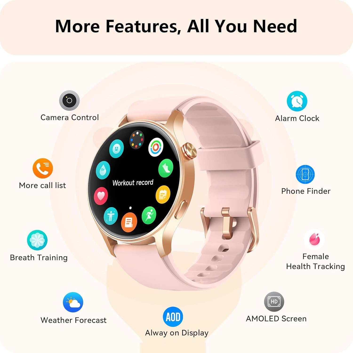 43mm Women’s Smart Watch with 1.32" AMOLED display, Bluetooth calling, heart rate, sleep & SpO₂ monitor, 110+ sports modes, 3ATM waterproof, fitness tracker compatible with iPhone, Samsung & Android. - Image 8