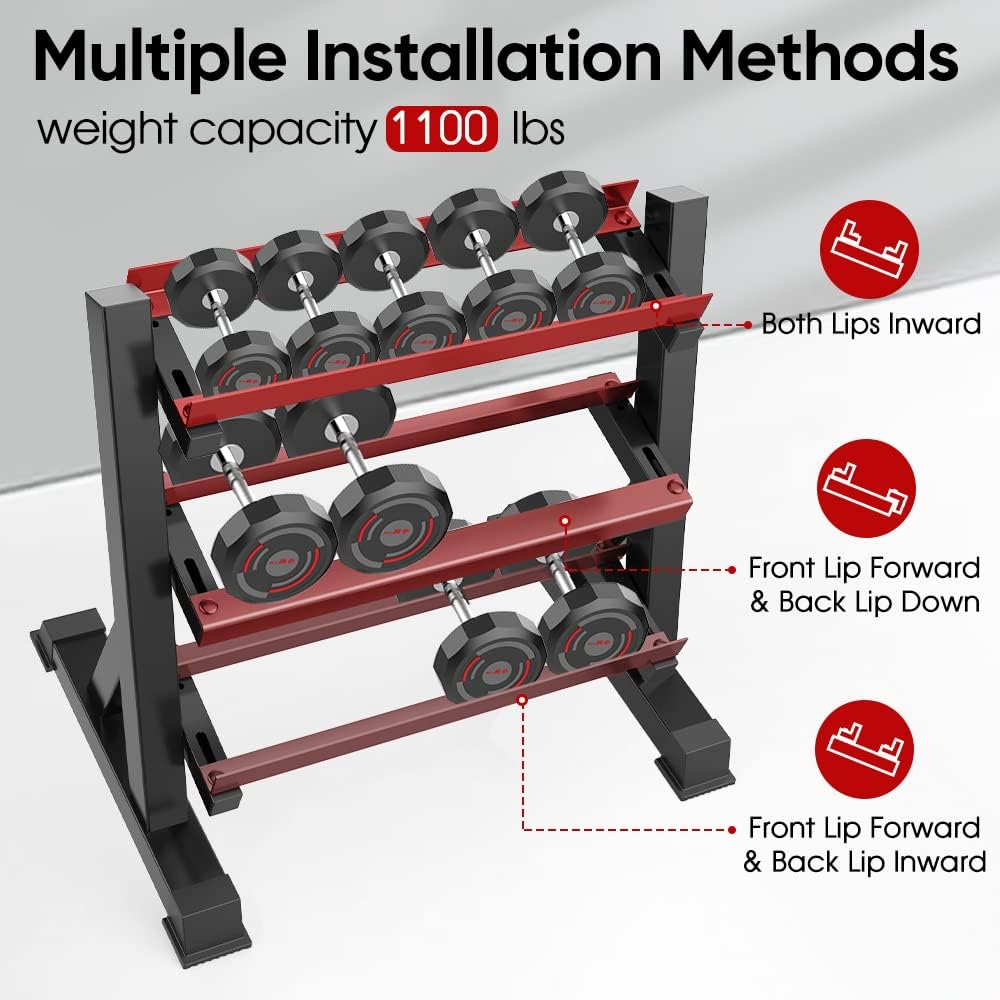 THERUN 1100lbs Adjustable 3 Tier Dumbbell Rack Stand, Hex dumbbells Hand Weights Rack Dumbbell Holder Home Gym Storage Organizer, Reverse Install Available (Rack Only) - Image 3