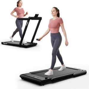 GYMAX Walking Pad, Dual LED Display Free Installation Running Machine w/Smart App/Remote Control & Bluetooth Speaker, 2 in 1 Foldable Portable Under Desk Treadmill for Small Space Home Office