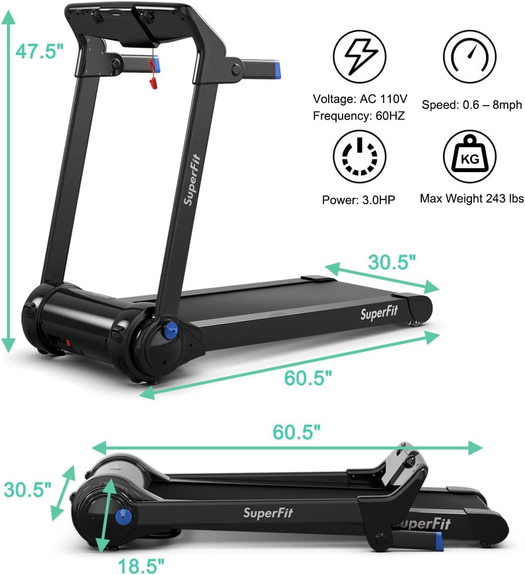 3.0HP Motorized Folding Treadmill, Portable Treadmills with HD Digital Display, Bluetooth Speaker & APP Control, Small Running Machine for Home Office, Installation-Free, Blue - Image 8