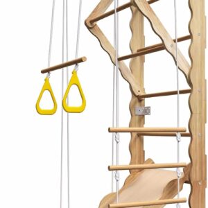 5-in-1 Wooden Indoor Jungle Gym for Kids, Wall-Mounted Swedish Ladder with Pull-Up Bar, Rings, Swing, and Slide – Montessori-Inspired Kids Playset for Fun & Development, Ages 3-8