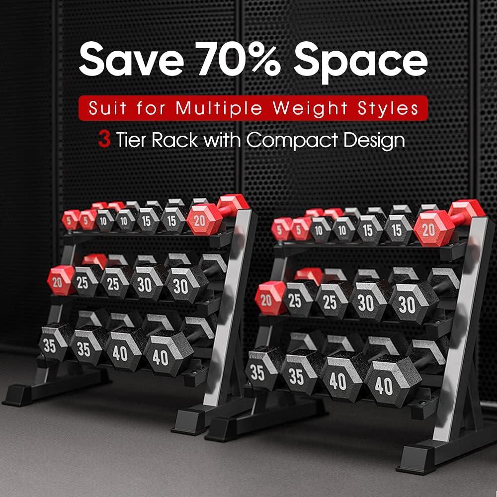 THERUN 1100lbs Adjustable 3 Tier Dumbbell Rack Stand, Hex dumbbells Hand Weights Rack Dumbbell Holder Home Gym Storage Organizer, Reverse Install Available (Rack Only) - Image 6
