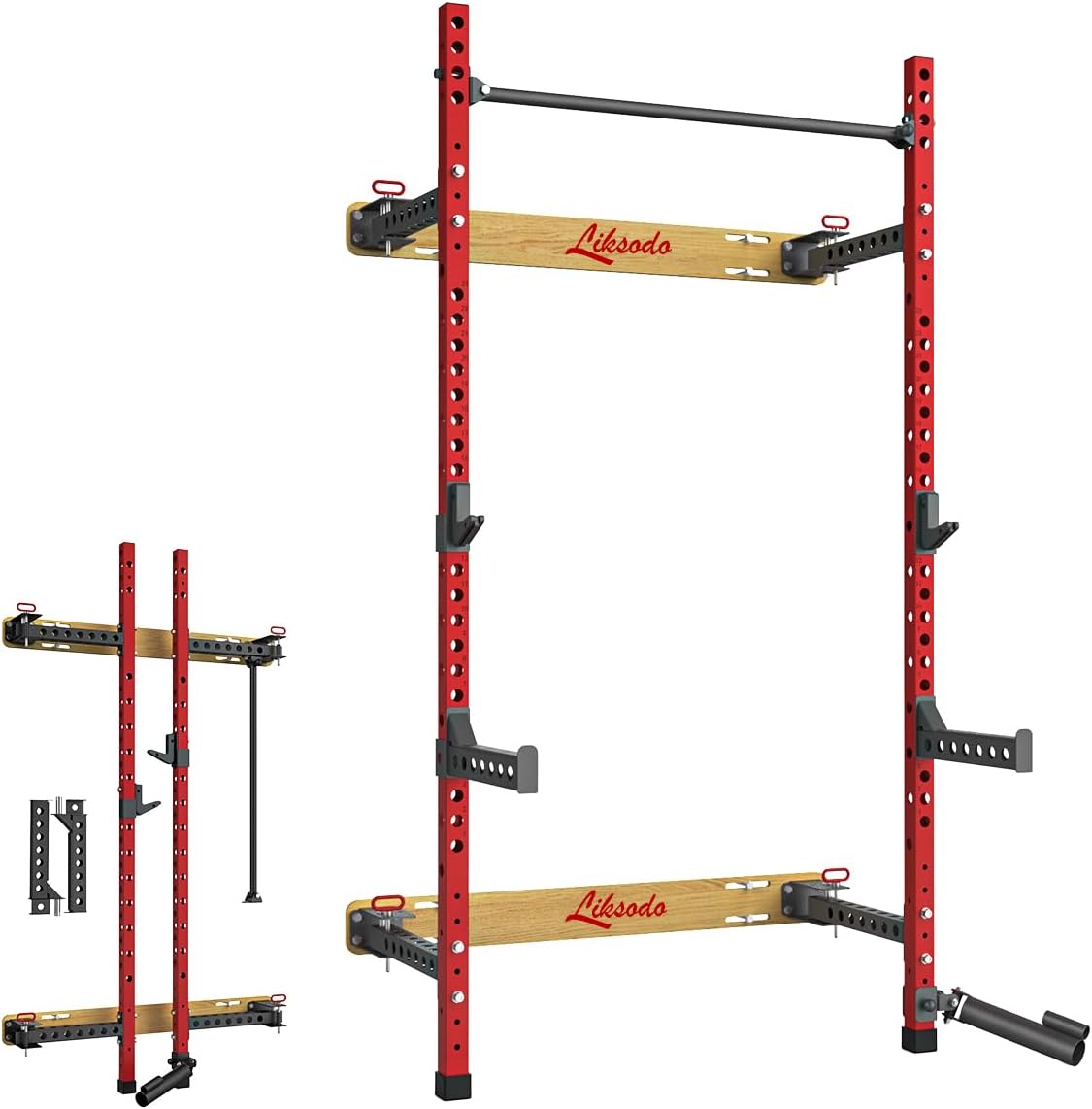 2" x 2" Folding Wall Mounted Squat Rack, 1100 Pounds Capacity Power Rack with Pull Up Bar, J Hooks and Other Attachments, Space-Saving Home Gym Package