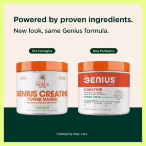 Genius Micronized Creatine Monohydrate Powder, Post Workout Supplement, Green Apple – 100% Naturally Flavored & Sweetened – Supports Muscle Building, Cellular Energy & Cognitive Function – 195g