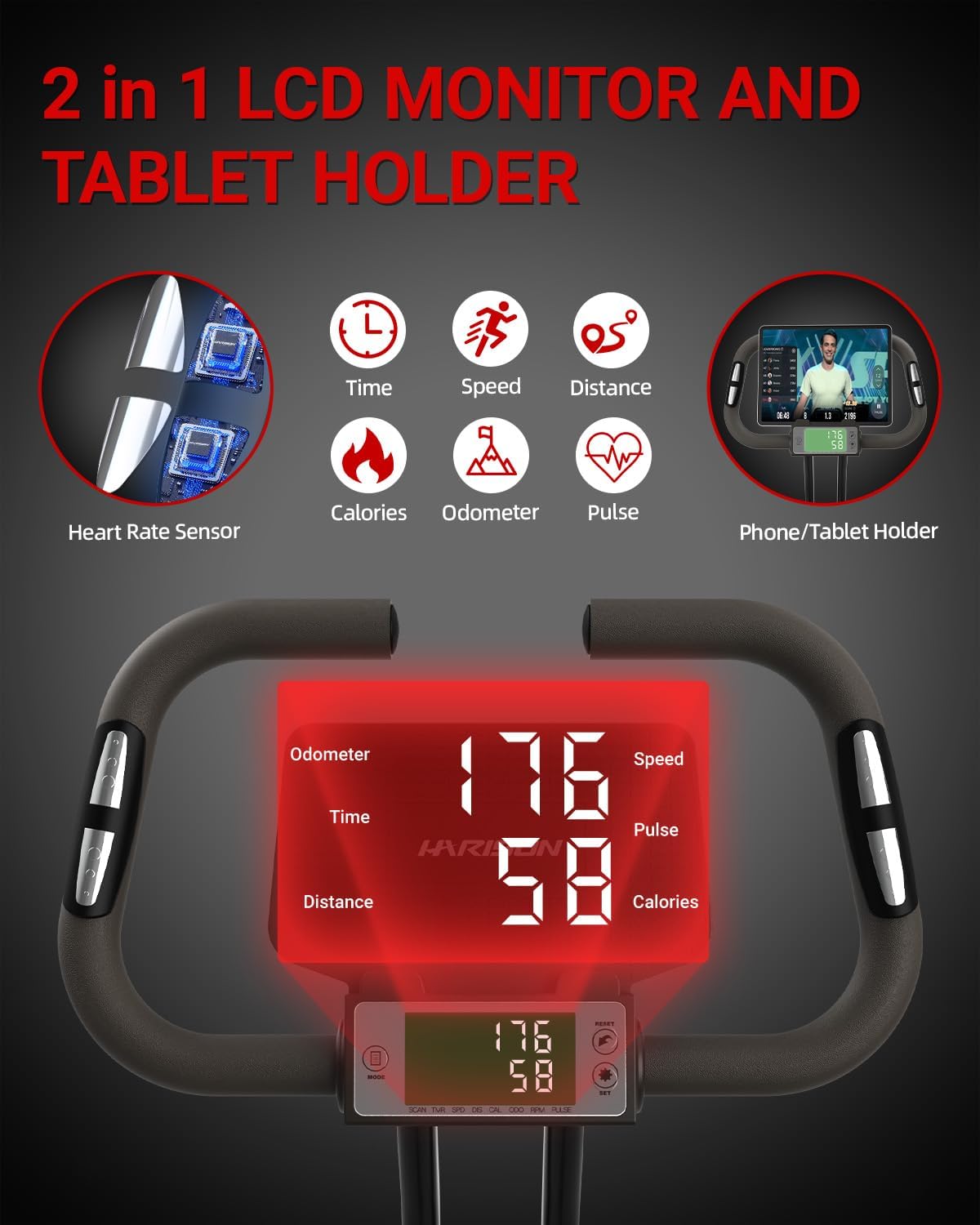 HARISON Folding Exercise Bike 350 LBS Capacity, 5 in 1 Bluetooth Stationary Bikes for Home with 16-Level Resistance and Arm Resistance Bands, Magnetic X-Bike with LCD Monitor & Back Support - Image 3
