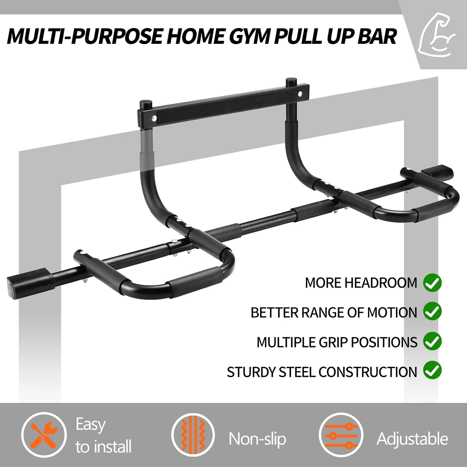 NOWAKE Pull up bar For Doorway,300lbs Heavy Duty Adjustable Width Portable Functional Ergonomic Design Door Frame Chin Up Bar With USA Patent For Home Fitness Workouts - Image 2