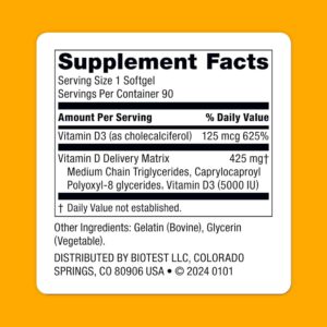 Biotest D Fix – 5000 IU High-Absorption Vitamin D3, 90 Servings – 90 Softgels