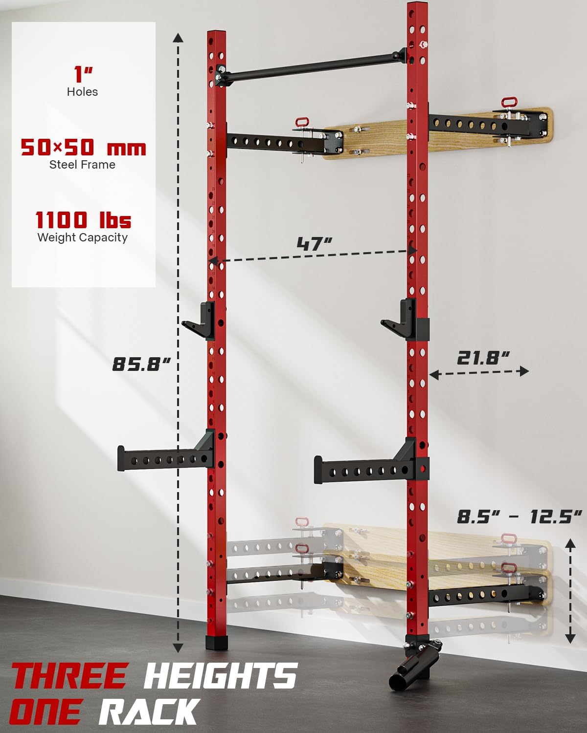 2" x 2" Folding Wall Mounted Squat Rack, 1100 Pounds Capacity Power Rack with Pull Up Bar, J Hooks and Other Attachments, Space-Saving Home Gym Package - Image 3