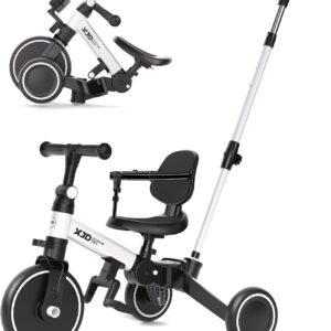 XJD Toddler Bike, 6 in 1 Folding Toddler Tricycle for 1-4 Year Old with Parental Control Handle, Balance Bike with Removable Pedal, Backrest, Adjustable Seat, First Christmas Birthday Gifts (White)